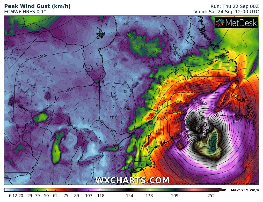 Une tempête exceptionnelle est ainsi prévue en Nouvelle-Ecosse #Canada avec pressions records et rafales de vent supérieures à 200/250 km/h au large, en mer. Risque de dégâts majeurs sur la province de Nouvelle Ecosse. 