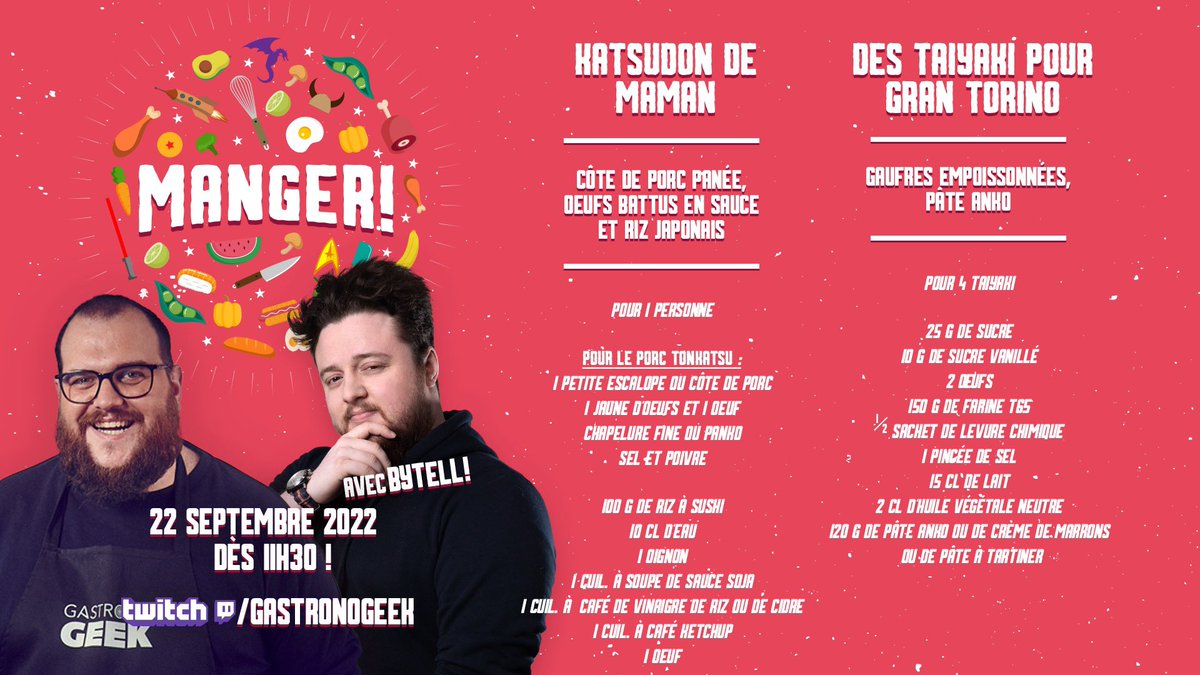 Gastronogeek's tweet photo. [🔴] https://t.co/YLpRcrQeNY ! C'est parti pour #MANGER avec @Bytell2 en stream : on va cuisiner en mode My Hero Academia du Katsudon et des Taiyaki, viens donc ! https://t.co/FpQaqyCNao