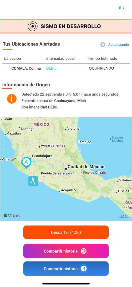 SkyAlertMx's tweet photo. Las réplicas continúan.
3 sismos de intensidad «débil» detectados por @REDSkyAlert a las 4:00 h, 4:06 h y 4:15 h. https://t.co/TXEU74rq8E