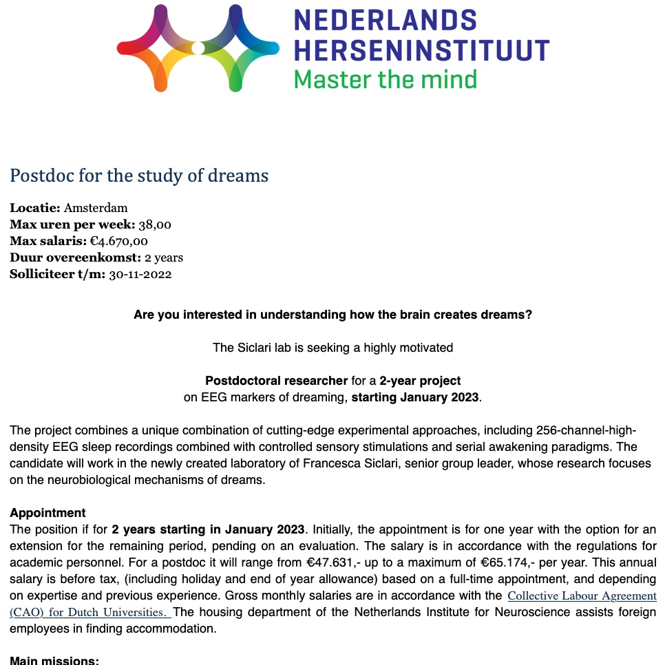 Postdoc vacancy for a 2-year project on EEG markers of dreaming, starting January 2023 with Dr. Francesca Siclari <a href="/NIN_knaw/">NIN</a> vacatures.knaw.nl/job/Amsterdam-…