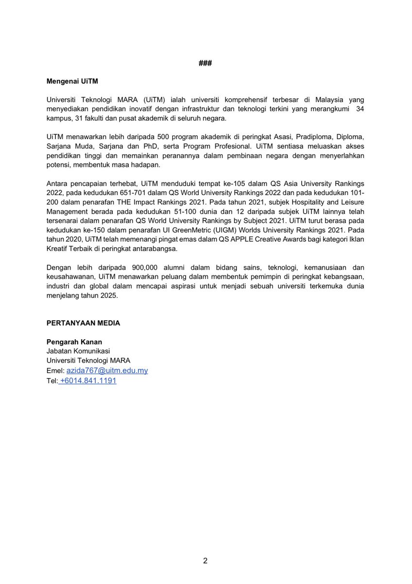 [𝐓𝐞𝐫𝐤𝐢𝐧𝐢] Kenyataan Media: Mahasiswa UiTM Kemalangan Berada Dalam Keadaan Stabil

#keluargaUiTM
#uitmdihatiku
