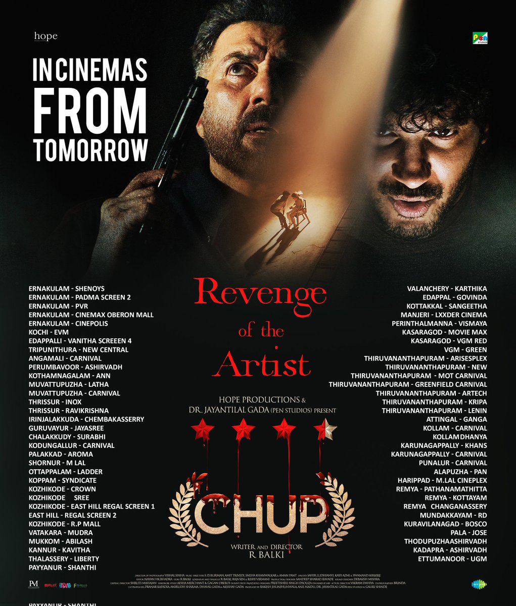 DQsWayfarerFilm's tweet photo. #Chup Kerala Theatre List!

From Tomorrow !! #ChupRevengeOfTheArtist #DulquerSalmaan #SunnyDeol #ShreyaDhanwanthary #PoojaBhatt https://t.co/hOncA7hmI1