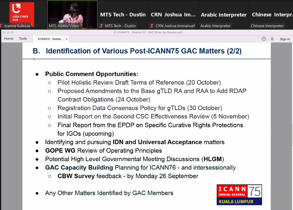 KuleszaJ's tweet photo. ๐At #ICANN75 @ICANN #GAC are wrapping up a succesful hybrid meeting in #KualaLumpur with #DNSAbuse #GDPR #privacy #UniversalAcceptance #SubPro all on the list for further action. โ๏ธ@ICANNAtLarge priorities for #EndUsers are much aligned #EURALO #LACRALO #APRALO #NARALO #AFRALO https://t.co/Um7K2oleun
