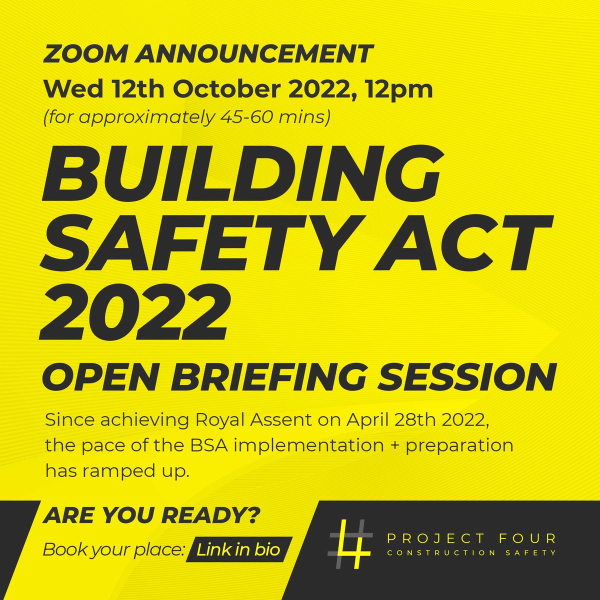 We have 75 booked on so far...a very useful briefing on the #BuildingSafetyAct2022 online! Short, focused + offering advice on what you need to consider!

Registration here linktr.ee/projectfour_cdm