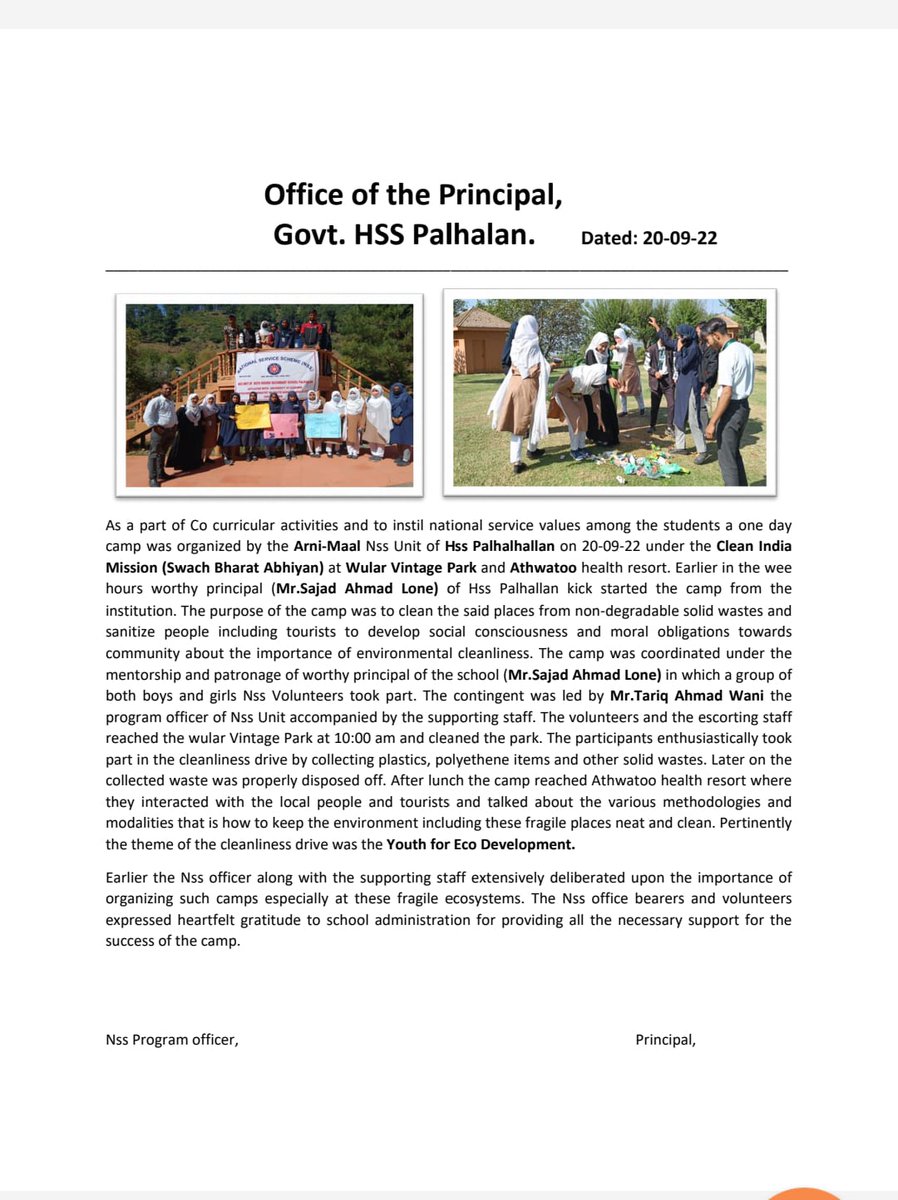 Arnimaal NSS-Unit, HSS Palhallan (@arnimaal123) on Twitter photo One day #Nss camp under #cleanIndiaMission at #WularVintage and #Athwatoo health resort. <a href="/dcbandipora/">Deputy Commissioner Bandipora</a> <a href="/DCBaramulla/">Deputy Commissioner Baramulla</a> <a href="/Nss_ssgi/">National Service Scheme - SSGI- OFFICIAL</a> One day #Nss camp under #cleanIndiaMission at #WularVintage and #Athwatoo health resort. <a href="/dcbandipora/">Deputy Commissioner Bandipora</a> <a href="/DCBaramulla/">Deputy Commissioner Baramulla</a> <a href="/Nss_ssgi/">National Service Scheme - SSGI- OFFICIAL</a>