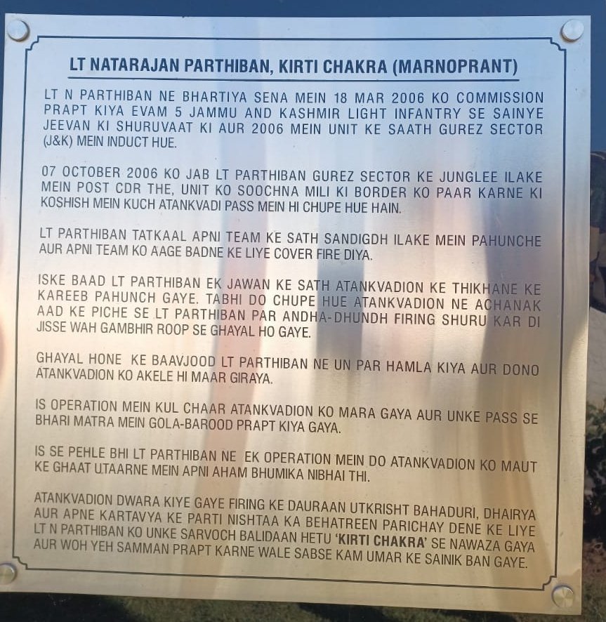 DtPushpaAnand's tweet photo. Dad with Parthi.. Lt. Parthiban KC (P)  i mean parthi's bust, nice to see the Citation in Roman Hindi for the first time (atleast for me) somewhere in the paradise called J &amp; K #forever23 #LtParthibankc #foreveryoung #kalaban #OTA #JammuandKashmir #JammuKashmir #Kashmir #Gurez https://t.co/xwbpFwLNZd