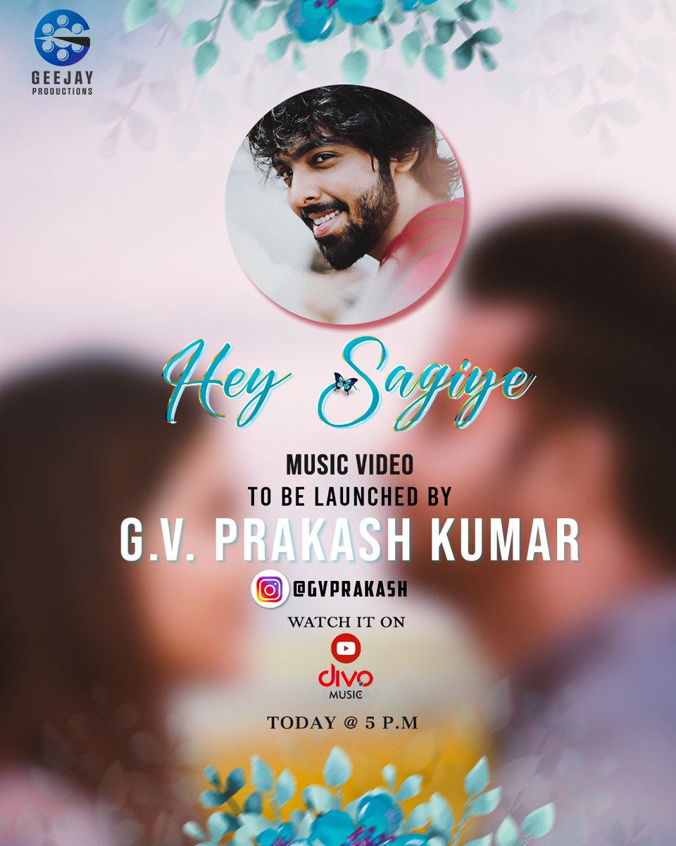 The day has arrived 🤩 #HeySagiye Music video will be released by Melody King @gvprakash Today at 5 PM. A #GVPrakash vocals 🎤 Music composed by @MOZmusiq 🎶 Lyrics by @AKILANMANI12 ✍️ @poongodi21 @actorgeejay #Dharini @PaviKPavan1 @barathvikraman @stillsmani123 @ashok_vjay