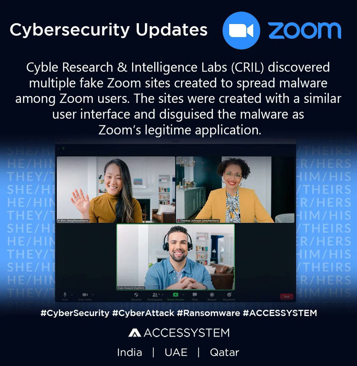 ACCESSYSTEM_IT's tweet photo. Cyble Research &amp; Intelligence Labs (CRIL) discovered multiple fake Zoom sites created to spread malware among Zoom users.
With a similar user interface and disguised the malware as Zoom’s legitime application
#Cybersecurity #CyberThreats #ACCESSYSTEM #ZoomMeeting #NullApplication https://t.co/xGWrCnFeuK