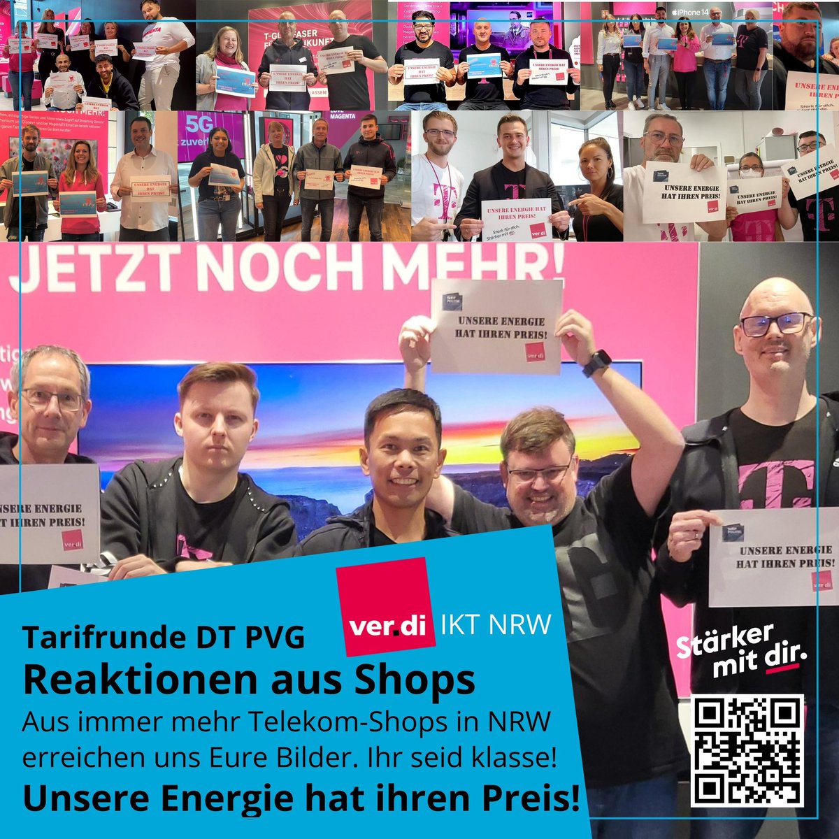 BeGPVGNRW's tweet photo. Aus immer mehr Telekom-Shops in NRW erreichen uns Bilder mit Reaktionen von Beschäftigten.

Unsere Energie hat ihren Preis!

Mehr Infos zur DT PVG in NRW gibt es hier: https://t.co/nxJ0O11Ode https://t.co/atC1jGG6uX