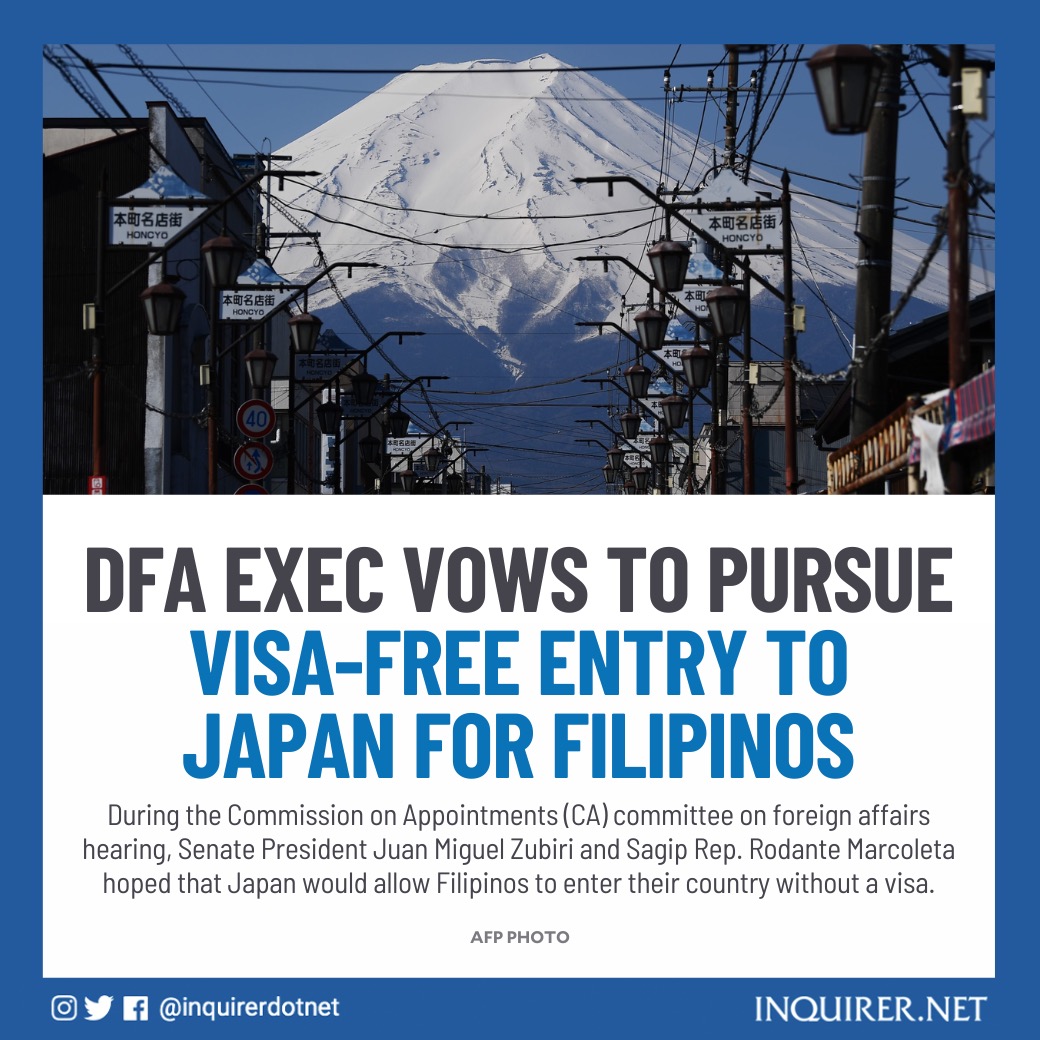 inquirerdotnet's tweet photo. An official of the Department of Foreign Affairs vowed to work with Japan on the visa-free entry of Filipinos to the neighboring country.

READ: https://t.co/spjP4iO8ij https://t.co/yd3s9jV0h4