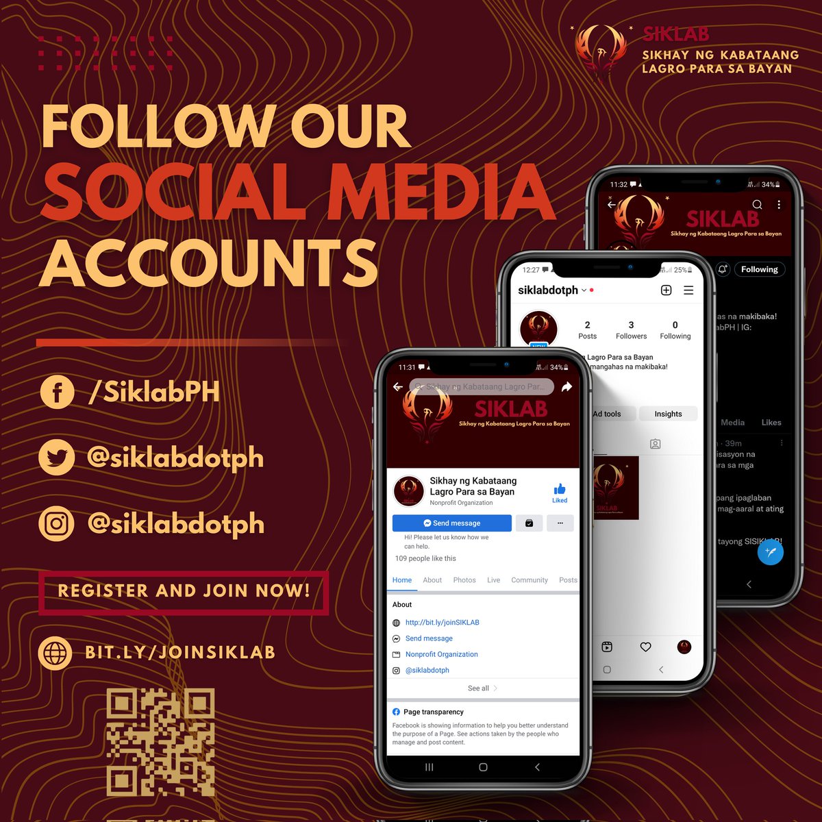 siklabdotph's tweet photo. Mapagpalayang araw! ✊

Naimbitahan mo na ba ang iyong mga kaibigan, kasama, kolektiba na mag follow sa account ng SIKLAB? Kung hindi pa, huwag kalimutang mag follow at magpa-follow! Dahil ang SIKLAB ay nasa Facebook at Instagram na rin!

#KabataangLagro #JoinNDMOs https://t.co/l2LJSiuEy1