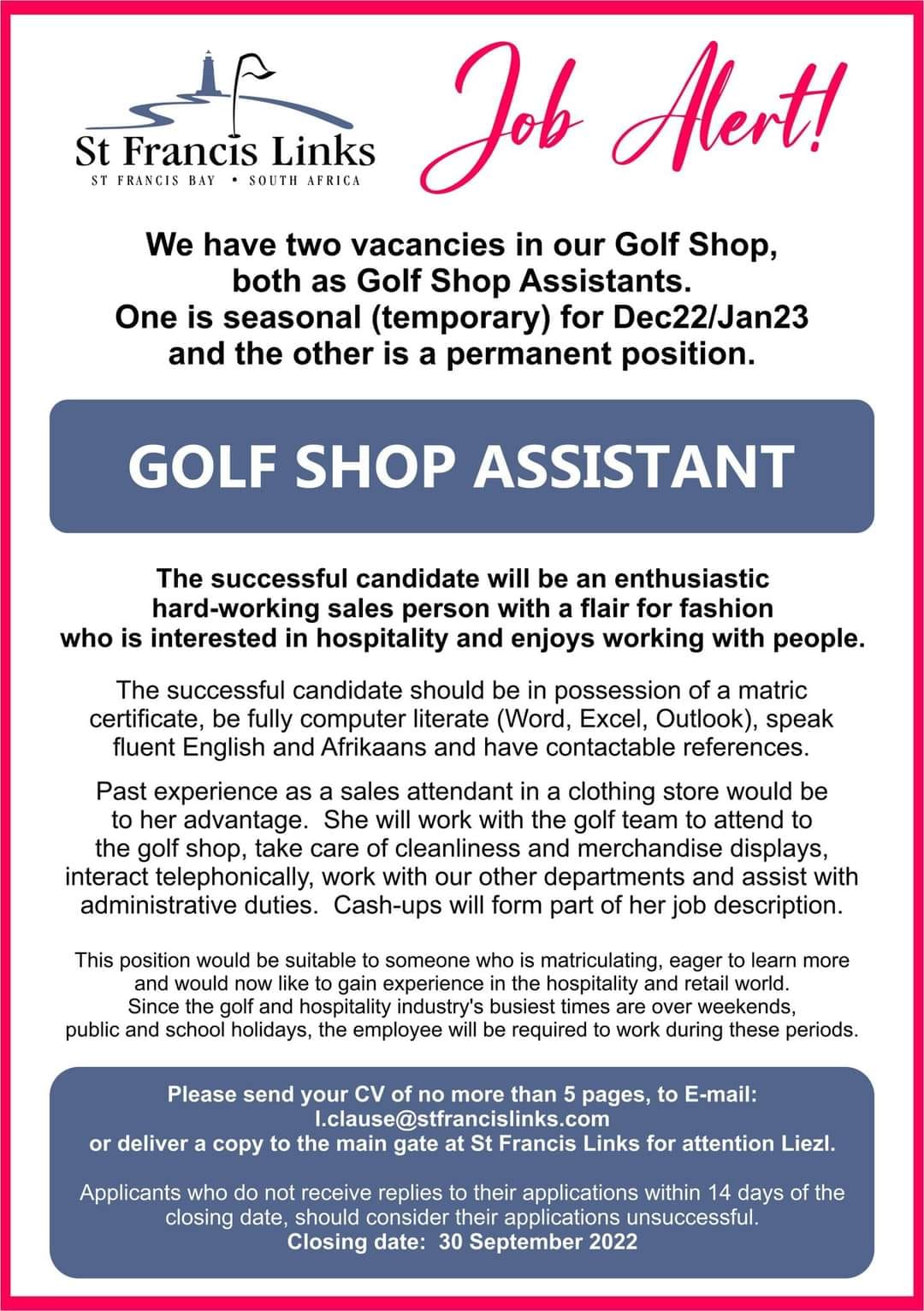 JobseekersSA🇿🇦 on Twitter "Golf Shop Assistant Closing Date 30