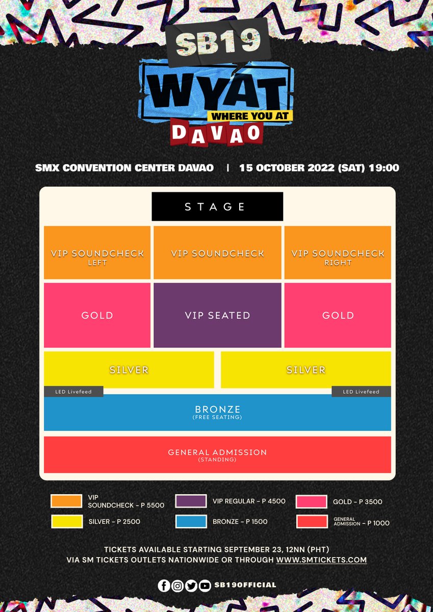 SB19Official's tweet photo. Maayong hapon sa inyong tanan!

Here’s the dealio: Check out the #WYATTourDavao ticket tiers and seat plan below to score your sah-weet viewing experience! 🥳

Got any Q’s? We’ve got you covered, stay tuned!

#WYAT #WYATTour
#WhereYouAtSB19 📼 https://t.co/TsZrN2fKkr