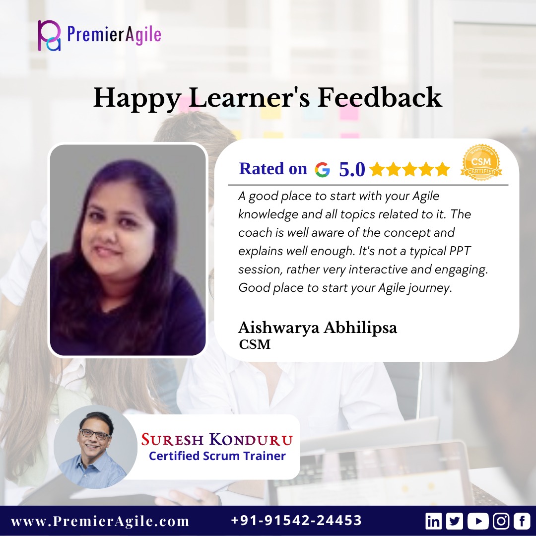 PremierAgile's tweet photo. Hi Aishwarya Abhilipsa Thank you so much for your detailed review about our CSM workshop. Your feedback is precious for us. We do pride ourselves on offering great workshop experience. Thank you for choosing PremierAgile
@SureshKonduru77
#happylearner #scrummaster #agile https://t.co/in5JA60E15