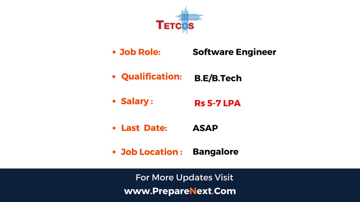 PrepareNext_Com's tweet image. #tetcos Hiring 2022
👉Link preparenext.com/jobs/tetcos-of…

#softwareengineering #softwareengineer #bangalore #bangalorejobs #softwaredeveloper #engineeringjob  #fresherjobs #jobopportunity #jobvacancies #fresher #freshers #jobseekers #jobsearching #jobseeking #interview #hiring #jobhunt