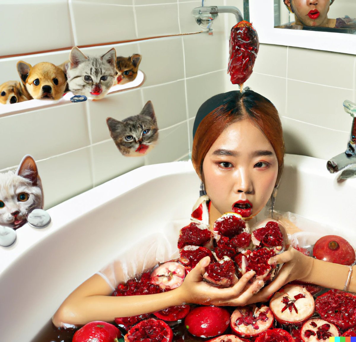 ChocolateyCrepe's tweet image. coolest part of "girl in bathtub full of pomegranates" is that DALL-E must have wondered "where did the pomegranates come from?" and answered "the faucet, obviously"