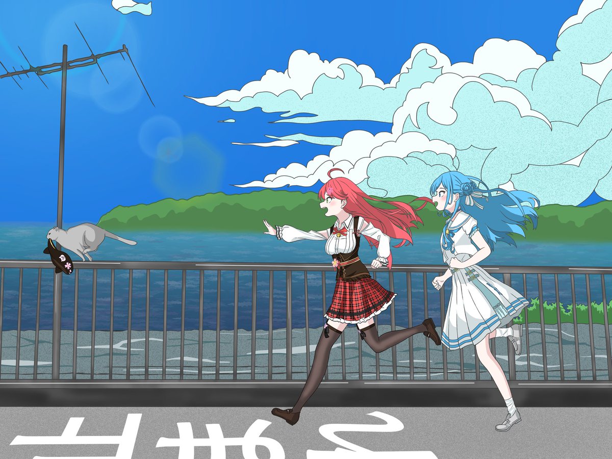 sakura miko multiple girls 2girls blue hair ahoge thighhighs plaid skirt  illustration images