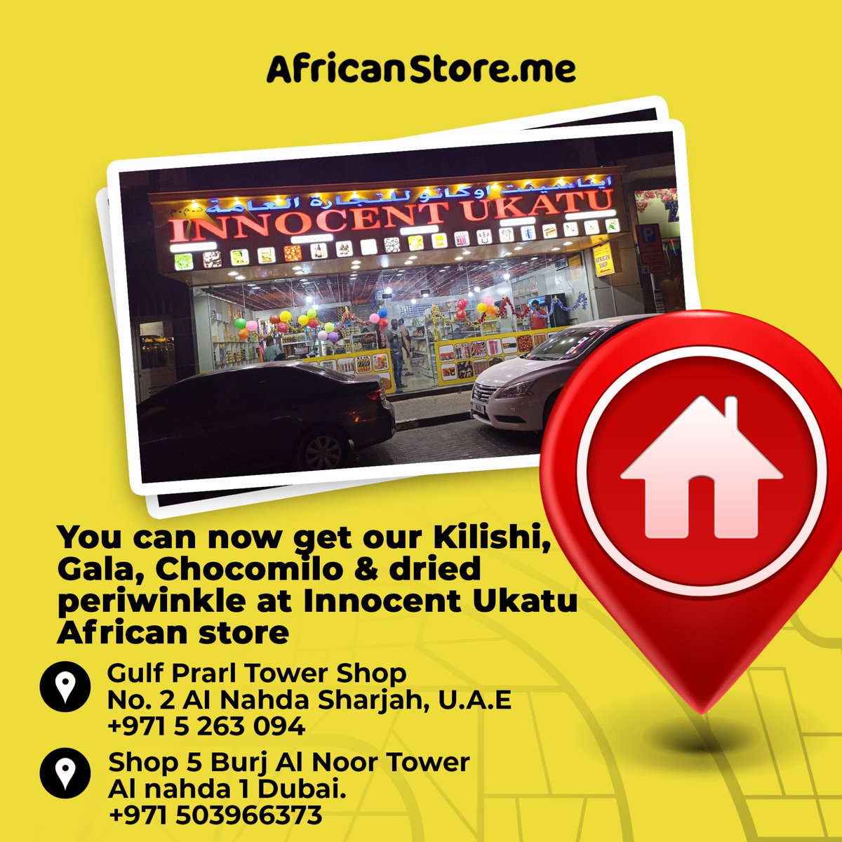 AfricanStoreme's tweet photo. Yayyy!

You can now get our;
-Kilishi
-Gala 
-Chocomilo
-Dried periwinkle 
At Innocent Ukatu African store

Shop 5,
Burj Al Noor Tower
Al nahda 1 Dubai.
+971 50 396 6373

Gulf Pearl Tower Shop
No. 2 AI Nahda Sharjah, U.A.E
+971 55 263 0994

We look forward to seeing you in person https://t.co/7boqmSIPB8
