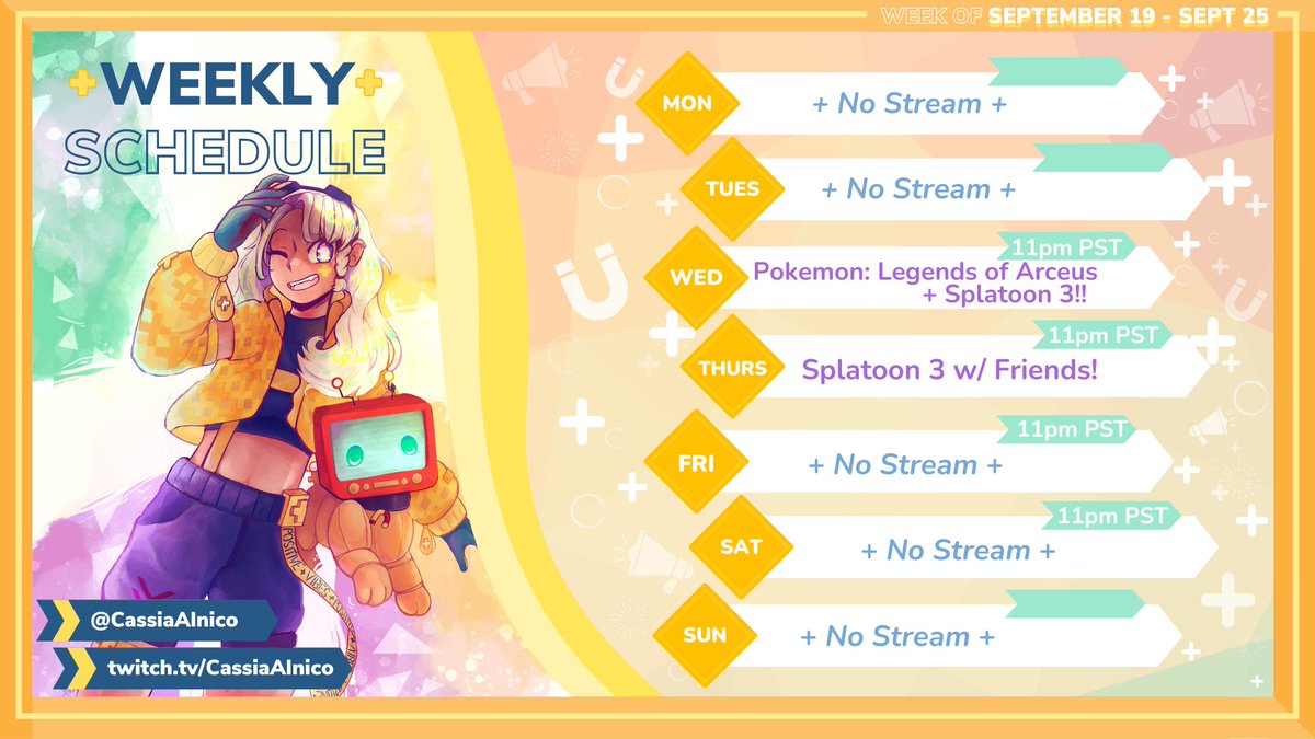 CassiaAlnico's tweet photo. ➕A short stream week! I'll be going on a lil vacation this weekend so I won't be able to stream the Splatfest😭BUT! Team Grub all the way babyyyy~
🧲Tags
Live: #CassiaAlLive
Art: #PlusCassia
Twitch: https://t.co/4zIqHIiq90
#VtuberUprising #ENVtuber https://t.co/GL0gmqy2a2