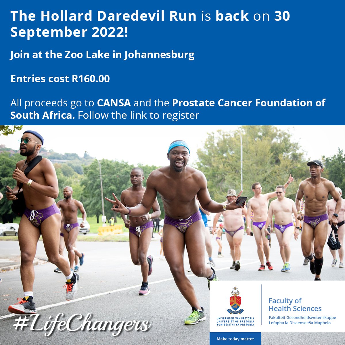Faculty_HSUP's tweet photo. It's Prostate Cancer Awareness Month!
Feeling daring? Join the Hollard Daredevil Run on the 30th of September! Follow the link to register: https://t.co/PBSjQpfELd
Check the next tweet on #SuitUpSeptember!
#HSUP #LifeChangers #ProstateCancerAwareness #HollardDaredevilRun https://t.co/BAcmzSTRLu