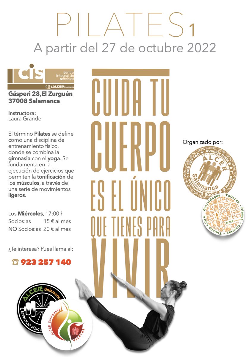 alcersalamanca's tweet photo. 🤸🏻♂️ #PILATES
Nueva #actividad para cuidar tu cuerpo combinando la #gimnasia con el #yoga.
📆 todos los #miércoles a partir del 26 de #octubre
🕔 17:00 h
📍 #CentroIntegral, #Zurguen
💶 15 € #Socios:as, 20 € NO Socios:as
☎️ reserva e info en el 686 683 730 (plazas limitadas) https://t.co/EN5aY5jaaB
