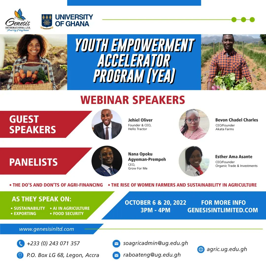 BevonChadel's tweet photo. Youth Empowerment Accelerator ( YEA) program in collaboration with University of Ghana, School of Agriculture. The launch of the  program scheduled to run from September 26, 2022 to November 1, 2022. The Youth Empowerment Accelerator Program is a virtual business Accelerator. https://t.co/wzQMUBW8Dy
