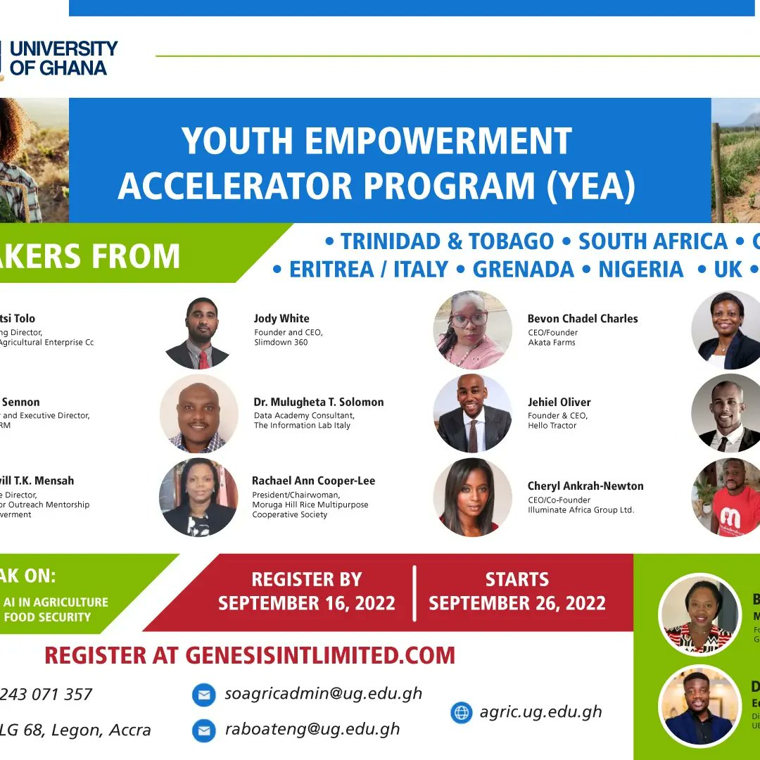 BevonChadel's tweet photo. Youth Empowerment Accelerator ( YEA) program in collaboration with University of Ghana, School of Agriculture. The launch of the  program scheduled to run from September 26, 2022 to November 1, 2022. The Youth Empowerment Accelerator Program is a virtual business Accelerator. https://t.co/wzQMUBW8Dy