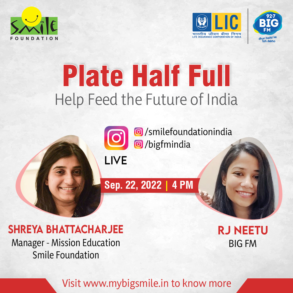 smilefoundation's tweet photo. Join hands with @smilefoundation & @bigfmindia to ensure that #PlateHalfFull campaign provides 2.7M nutritious meals to 10K+ less privileged children.
Join the discussion between Shreya Bhattacharjee & RJ Neetu - Live on their Insta Pages, Today at 4 PM.
https://t.co/lbd0OEJKCZ https://t.co/aSsl8tAaoG