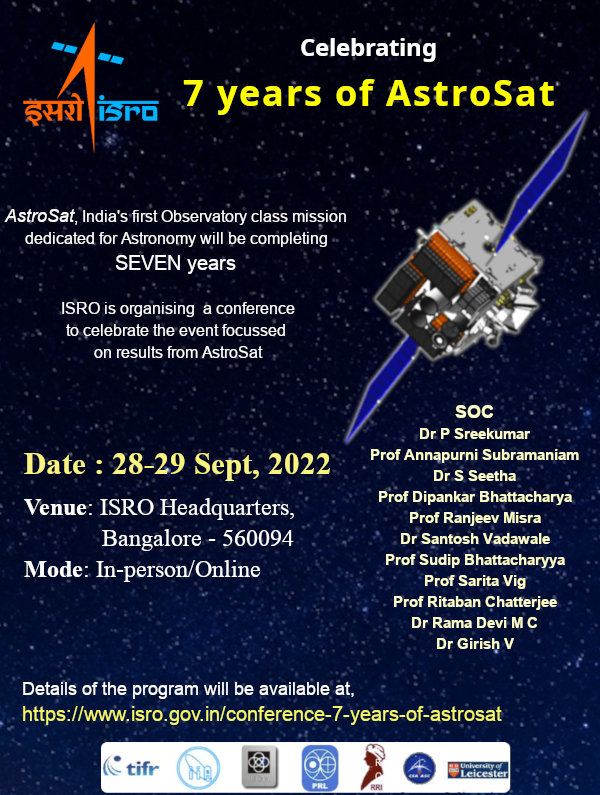 isro's tweet photo. AstroSat, credited with discoveries of far-UV photons from galaxies 9.3 bn. light-year away, X-ray polarization from off-pulse region of Crab pulsar, extended emission from butterfly nebula... turns 7 this 28th. Watch👇conference live on ISRO website &amp; FB from 1030 am IST https://t.co/RIlc38Fe4m