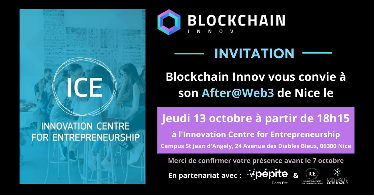 Julien Bonnel 🌱 🧠 🚀 ✨ (@jbonnel) on Twitter photo 📣 Invitation à l'After@Web3 #BlockchainInnov aka <a href="/InnovBlockchain/">Blockchain Innov #Web3 #CryptoActifs #Tokens #NFT</a> de Nice le 13 octobre 👉 linkedin.com/posts/jbonnel_…
En partenariat avec <a href="/PepiteFrance/">Pépite France</a> #PACAEst et #ICE <a href="/Univ_CotedAzur/">Université Côte d'Azur</a>
#AfterWeb3 #CotedAzurFrance #Entrepreneuriat #blockchain #cryptoactifs #Web3 #NFT #métavers 📣 Invitation à l'After@Web3 #BlockchainInnov aka <a href="/InnovBlockchain/">Blockchain Innov #Web3 #CryptoActifs #Tokens #NFT</a> de Nice le 13 octobre 👉 linkedin.com/posts/jbonnel_…
En partenariat avec <a href="/PepiteFrance/">Pépite France</a> #PACAEst et #ICE <a href="/Univ_CotedAzur/">Université Côte d'Azur</a>
#AfterWeb3 #CotedAzurFrance #Entrepreneuriat #blockchain #cryptoactifs #Web3 #NFT #métavers