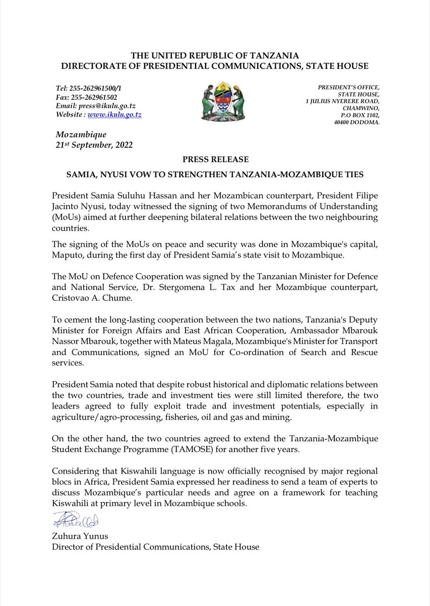 DelgadoCabo's tweet photo. 🇲🇿🇹🇿 Samia, Nyusi vow to strenghten #Tanzania - #Mozambique ties https://t.co/SjzPki4fI8