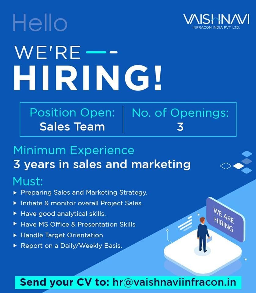 Do you sell like a machine? We are looking for a sales champion to join our team. 
Send your resumes to: hr@vaishnaviinfracon.in
Job Location : Hyderabad
#hiring #hiringalert #job  #jobsearch #jobalert #sales #salesandmarketing #jobinrealestate #realestate #VaishnaviInfracon