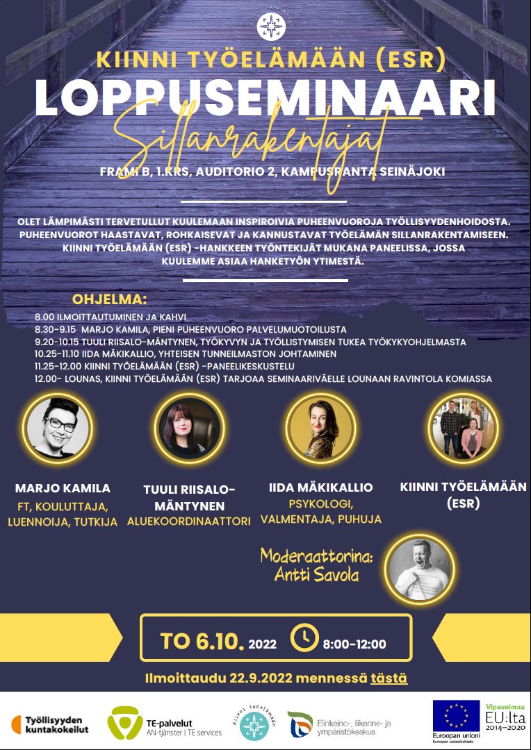 Etelä-Pohjanmaan ELY-keskus (@epelykeskus) on Twitter photo Viimeinen kuulutus: 📢 Ilmoittautumisaikaa <a href="/KiinniEsr/">Kiinni työelämään ESR</a> loppuseminaariin vielä tämä päivä!
Ilmoittaudu mukaan ja tavataan Framilla 6. lokakuuta! ➡️ link.webropolsurveys.com/Participation/… Viimeinen kuulutus: 📢 Ilmoittautumisaikaa <a href="/KiinniEsr/">Kiinni työelämään ESR</a> loppuseminaariin vielä tämä päivä!
Ilmoittaudu mukaan ja tavataan Framilla 6. lokakuuta! ➡️ link.webropolsurveys.com/Participation/…