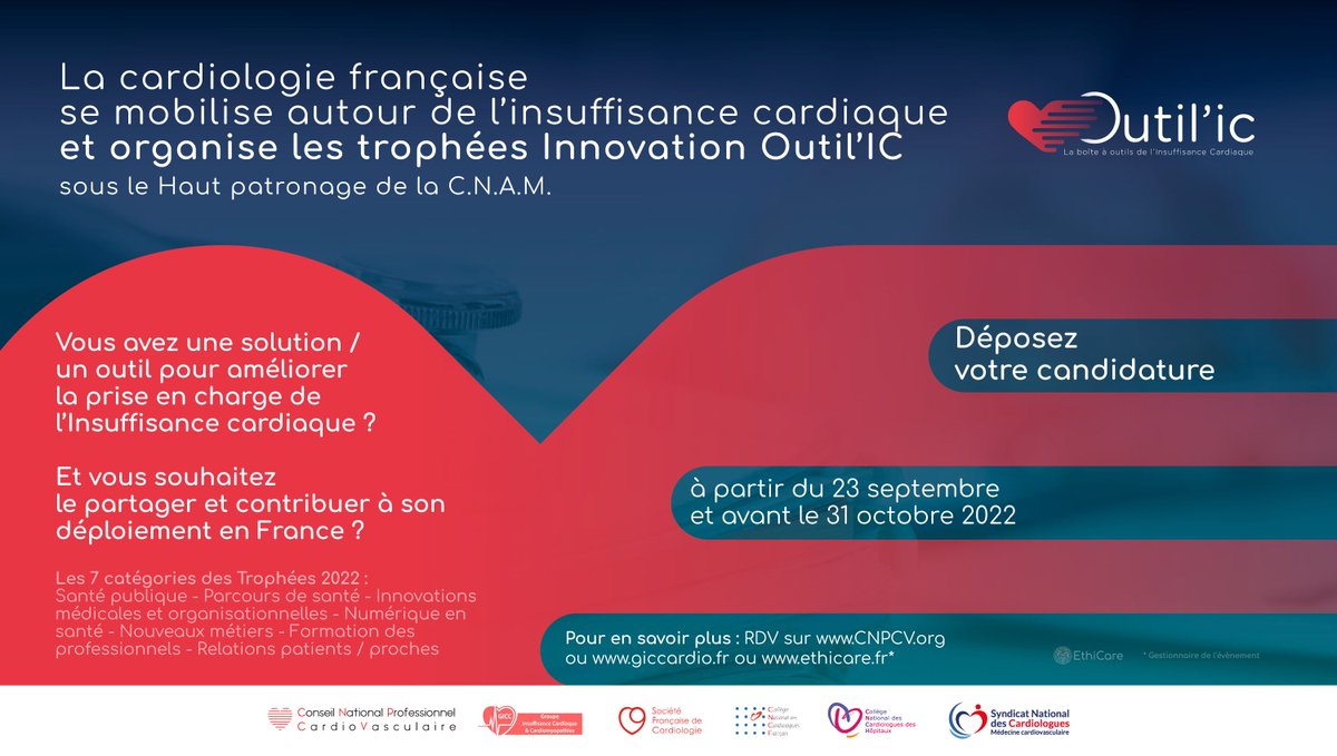 Lancement des trophées Innovation Outil'IC
Partager votre solution ou outil dans le domaine de l'IC à tous les cardiologues français
A vous de jouer !!!
ethicare.wufoo.com/forms/trophees…

Pour en savoir plus :
CNPCV.org
giccardio.fr
ethicare.fr