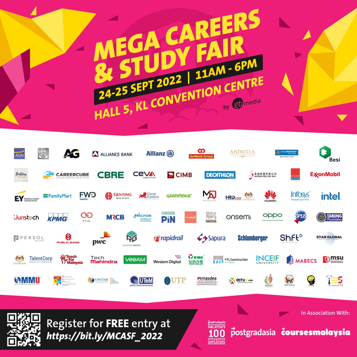 gradmalaysiaMY's tweet photo. Here is the complete lineup of all exhibitors joining #MCASF this weekend at #KLCC! Don't miss this chance to connect with the employers & universities in person to find out about the jobs, internships, training programmes, courses and scholarships that they offer.
#gradmalaysia https://t.co/LgX3kLU7Mv