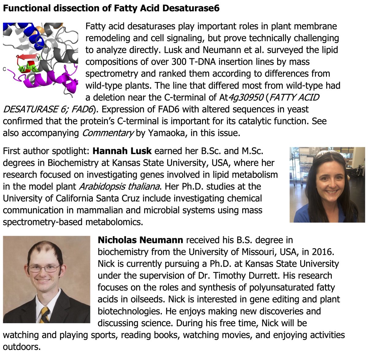 PCP_EIC's tweet photo. 📙Research Highlight featuring First Author in the latest issue (63-9)
Functional dissection of Fatty Acid Desaturase 6 
https://t.co/FOJHEl9bcn
@nickneumann17, @ruthwelti
Congratulations🎉 https://t.co/Jcpy3yQL9t
