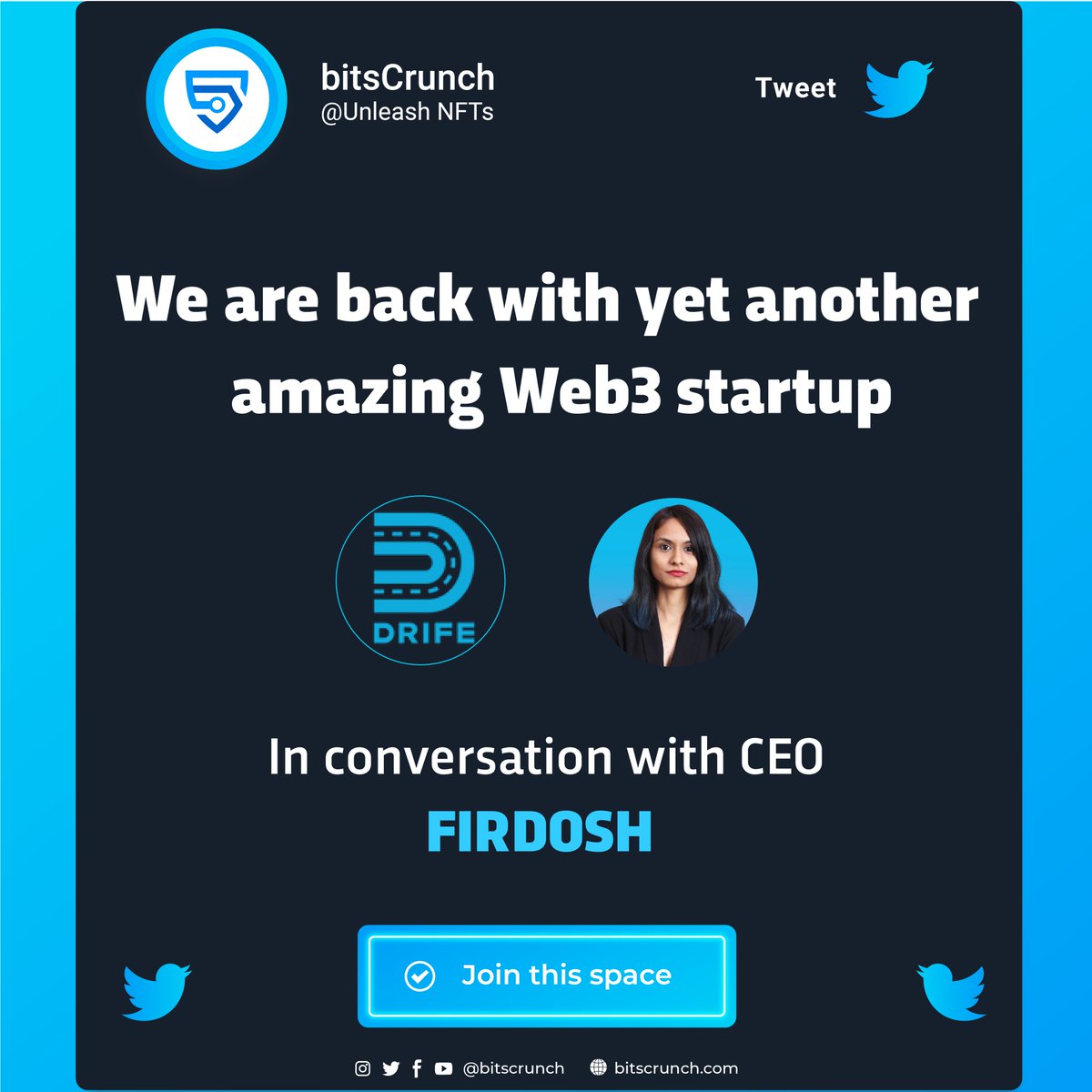 bitsCrunch's tweet photo. Finally, the day has arrived to spill the 🫘 
Join us tomorrow, Friday 23rd Sep 2022 here for a special #TwitterSpaces AMA with @Drife_official CEO @Firdosh_Drife  

#Web3 #mobiliy #decentralized #taxi3 https://t.co/c5YhtkLVfZ