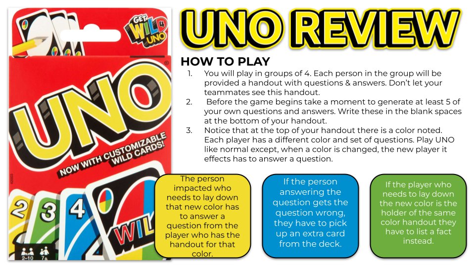 TCEA's tweet image. Add UNO to your list of ways to review content! @historysandoval + @josephhunterll + @hypebaeteachr + @mesamusings have collaborated to create a UNO REVIEW for the classroom. Check it out 👀

bit.ly/3BX6Krx #edutwitter #teachertwitter #k12