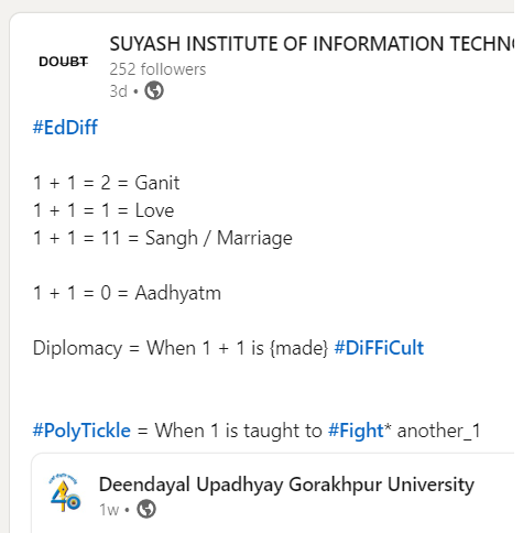 mehusays's tweet photo. 1 + 1 = 2 = Gunit
1 + 1 = 1 = Love
1 + 1 = 11 = Marriage / Sangh
1 + 1 = 0 = Aadhyatm
Diplomacy = When 1 + 1 is {made} #DiFFiCult
#PolyTickle = When 1 is taught to Fight* @eddiffRay _1 https://t.co/xg8uOV4enn