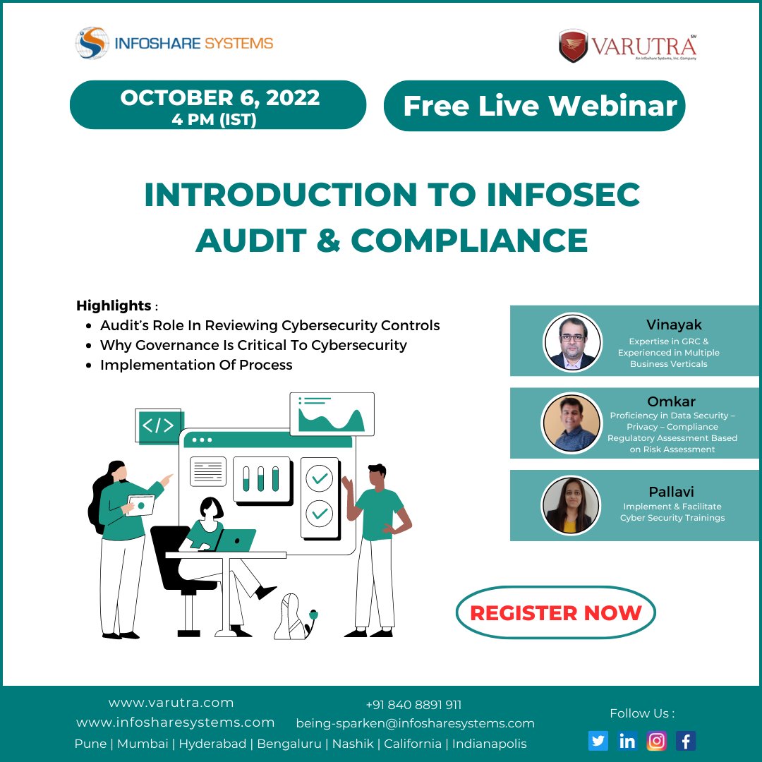 varutra's tweet photo. Curious about Information Security Process Audit?
We invite you to the #webinar
Introduction to Infosec Audit & Compliance
Date: 6 October 2022
Time: 04 PM(IST)
Register here: https://t.co/yJdYWxzxAQ
#varutra #cybersecurity #jobopportunities #placements #itjobs #infosec https://t.co/ShOsb0yJzt