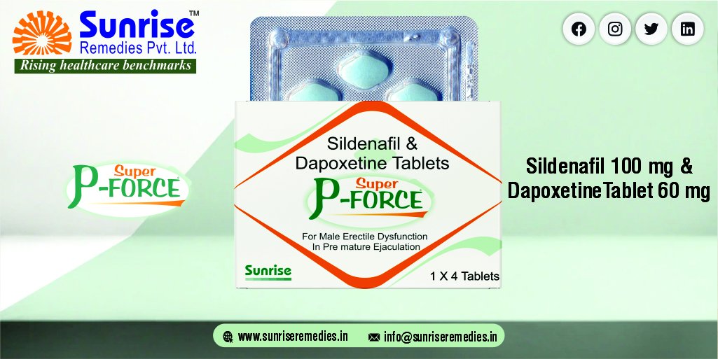 sunriseremedies's tweet photo. Make your ED and PE Problem safer with Super P-Force Contains #Sildenafil USP 100 + #Dapoxetine HCL 60 Most Popular Products From Sunrise Remedies Pvt. Ltd.
Read More: https://t.co/cSrk3PyZMQ
#PForce #Erectiledysfunction #Prematureejaculation #EDtreatment #PEtreatment #Sunrise https://t.co/gyMYtvWl0s