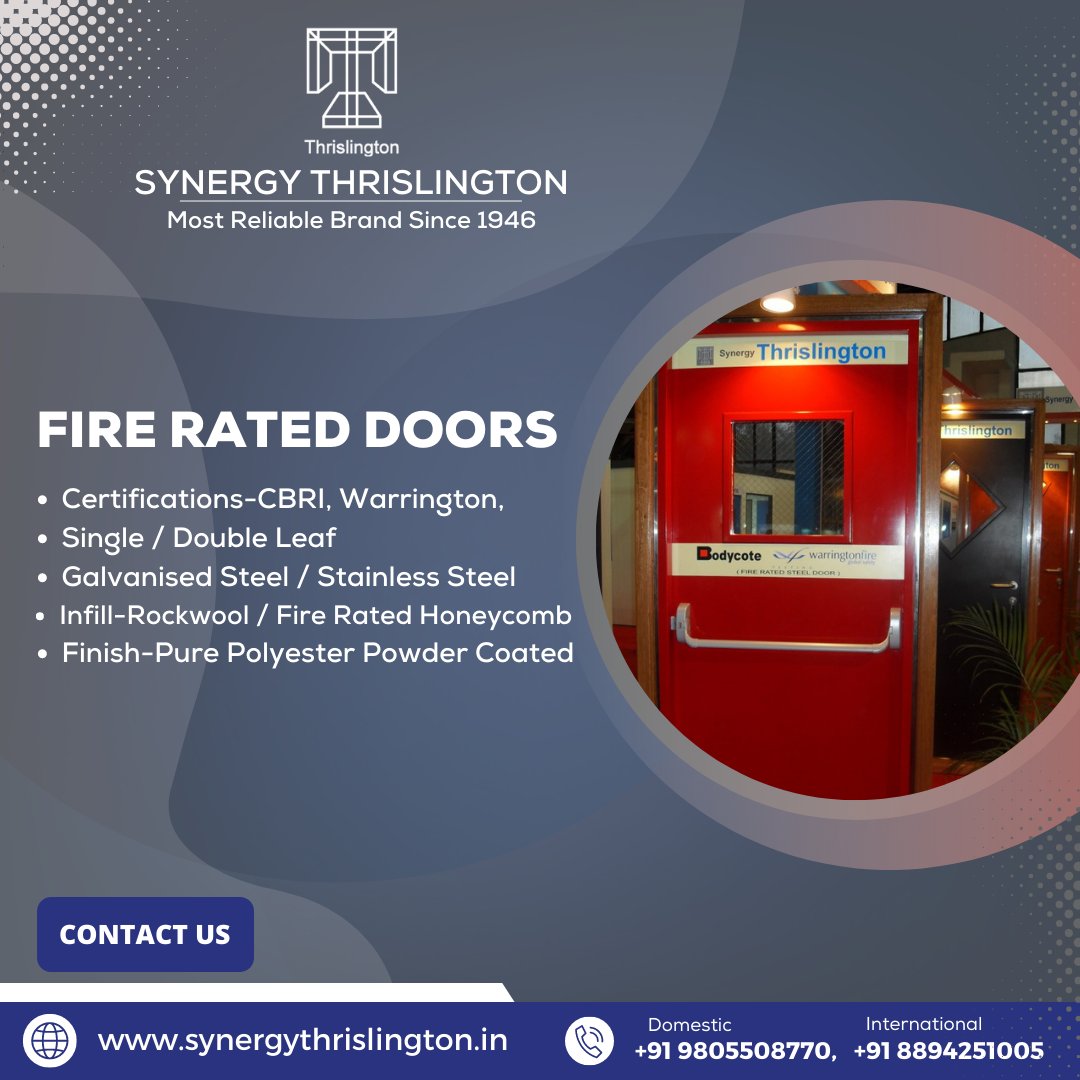 Synergythrisli's tweet photo. Fire Rated Doors

- Certifications-CBRI, Warrington,
- Single / Double Leaf
- Galvanised Steel / Stainless Steel
- Infill-Rockwool / Fire Rated Honeycomb
- Finish-Pure Polyester Powder Coated

#Pharmacist  #honeycomb #polyster #synergy #thrislington https://t.co/nrMLewdXTm