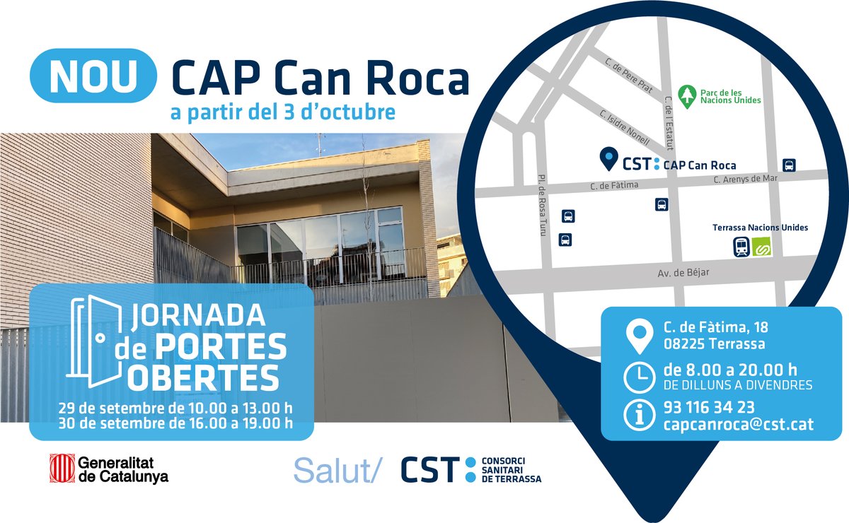 CSTerrassa's tweet photo. 📣Vols conèixer el nou #CAPCanRoca ?
Vine a la Jornada de Portes Obertes❗️
🗓️29/09/22 - 10.00 a 13.00 h
🗓️30/09/22 - 16.00 a 19.00 h
❓Resol els teus dubtes llegint les respostes a les preguntes freqüents del nou centre ➡️ https://t.co/ArofOr0EOZ
@salutcat https://t.co/m0GrOBipN7