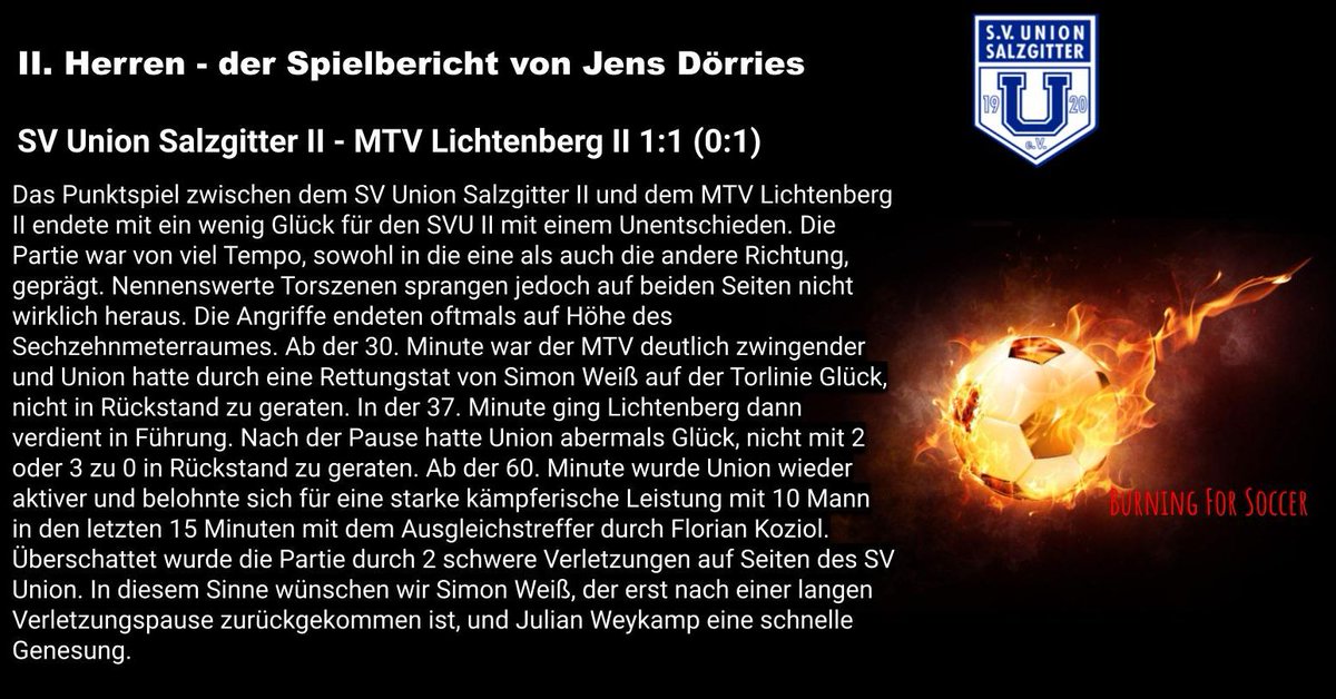 SVU_Salzgitter's tweet photo. II. Herren - der Bericht zum Spiel gegen den MTV Lichtenberg II von Jens Dörries.
#WirSindSalzgitter #SCUbesteJugend #SVUnionSalzgitter #Freunde #Gemeinschaft #aldaconArena #Teamgeist #Vereinsfieber #HelloFans #LokaleStars https://t.co/LMEp8lZCCd