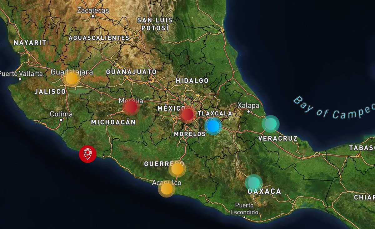 #Sismo en progreso. Efectos esperados en los próximos segundos: 

CDMX: 🔴 FUERTE
ACA: 🟡 MODERADO
CHI: 🟡 MODERADO
PUE: 🔵 LIGERO
OAX: 🟢 IMPERCEPTIBLE
VER: 🟢 IMPERCEPTIBLE
MOR: 🔴 FUERTE
GDL: 🟡 MODERADO

01:16:33 #SASSLA