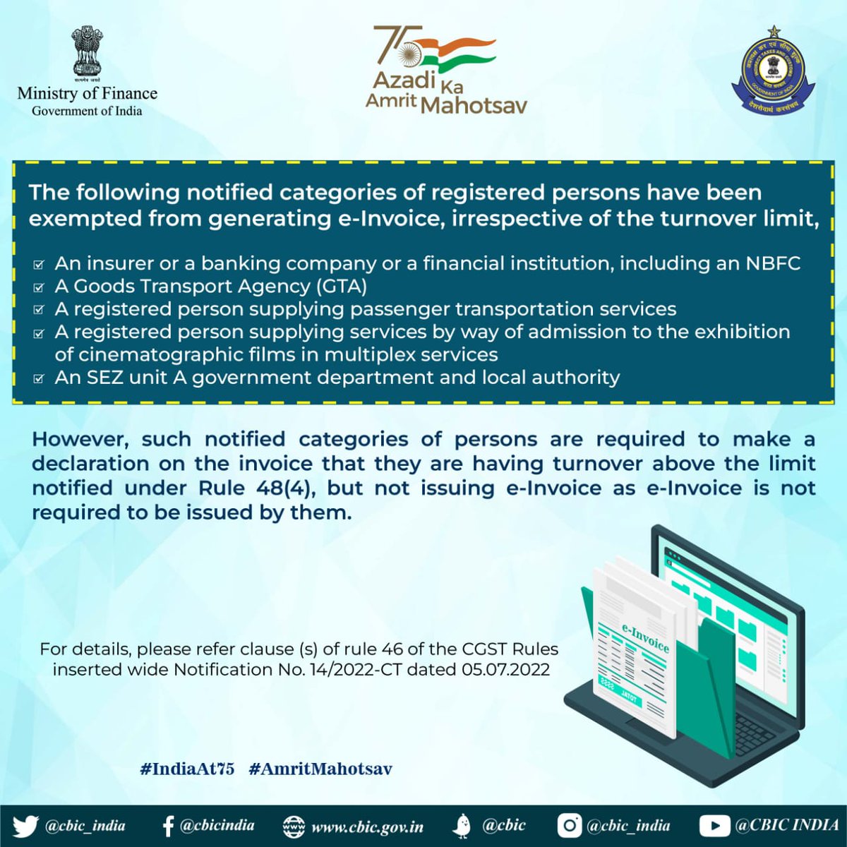 Following notified categories of registered persons have been exempted from generating e-invoice, irrespective of the turnover limit.
