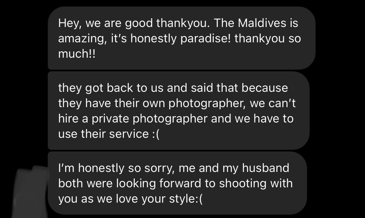 isovile's tweet photo. This is the problem with resorts in maldives. They don’t leave a choice for the guests to bring their own photographer. Its obvious why they choose a certain style of photography. Is there any solution to this problem? https://t.co/XTW8aGYFbm