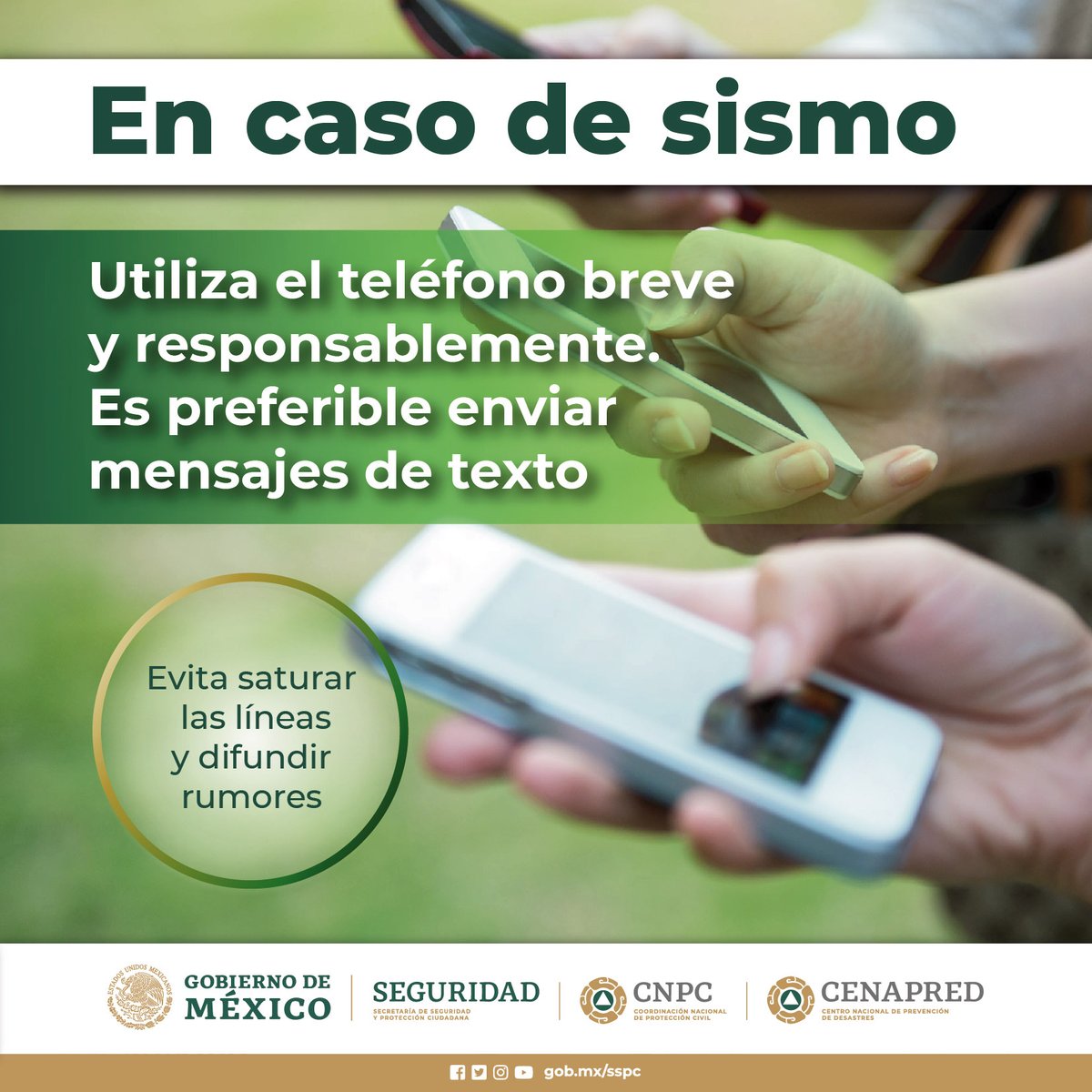 CNPC_MX's tweet photo. ⚠️ Cuando se presenta un #Sismo las redes de comunicación suelen saturarse 📲, en esos casos te pedimos utilizarlas de forma racional.

@laualzua https://t.co/6GyUxfvAfW