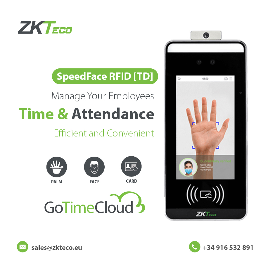 ZKTeco_Europe's tweet photo. SpeedFace RFID [TD] + GoTime Cloud #TimeAttendance management cloud ⏰💻☁️ —the ultimate touchless time and attendance solution. Contact us with your requirements now → https://t.co/km8XbVN8Mp
#ZKTeco #ZKTecoEurope #GoTimeCloud #Biometrics https://t.co/P4m73YRPxT