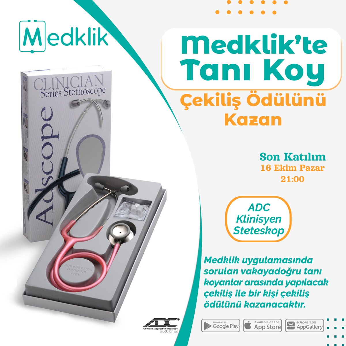 Medklik'te Tanı Koy Çekiliş Ödülünü Kazan Uygulama içerisinde paylaşılan vakaya doğru tanı koyanlar arasında yapılacak çekiliş ile bir kişi Stetoskop kazanacaktır. Son katılım: 16 Ekim 2022 #konsültasyon #hekim #doktor #tıpfakültesi #dişhekimi #stetoskop #stethoscope #çekiliş